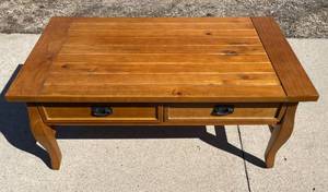 Superb Linon Santa Fe Mission Style Wood Coffee Table Includes Two Storage Drawers With Iron Hammered Pulls - Antique Brown Finish - Excellent Condition