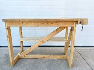 Great Carpenter Handmade Wood Workbench With Shelving &amp Back Storage Trough - Includes Working Vise At The End - Very Sturdy Piece