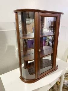 Rare, Elegant &amp Large Wood &amp Bow Front Glass Tabletop Wall Mount 3 Tier Shelving Curio Cabinet Whatnot Storage Display Piece With Mirrored Back - Excellent Condition