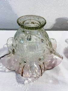 Pair Of Unusual Pink &amp Green Ruffle Rimmed Art Glass Lamp Shades