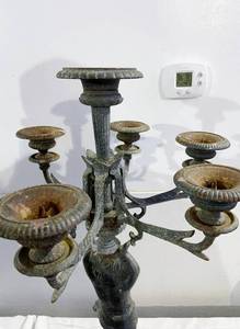 BIG WOW LARGE 36 TALL ANTIQUE CAST IRON CHERUB CANDELABRA STAND - VERY HEAVY - ONE ARM UNFORTUNATELY IS BROKEN OFF BUT CAN BE REPAIRED - JUST AMAZING