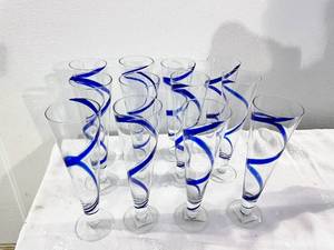 LOT OF 12 BLOWN ART GLASS COBALT BLUE SWIRL PILSNER BEER GLASSES - PIER 1 IMPORTS OR MEXICO PERHAPS - EXCELLENT CONDITION