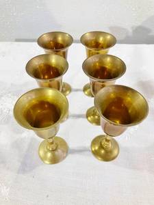 LOT OF 6 VINTAGE BRASS PETITE APERITIF WINE GLASSES BY MAURICE DUCHIN -&nbsp GIFTS OF DISTINCTION - MILD PATINA SHOWN IN PICTURES - THESE NEED TO BE POLISHED