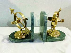 Vintage Stately Pair Bright&nbspBrass Armillary Sphere and Green Marble Bookends - Excellent Condition
