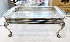 Beautiful With Tall Legs Silver Plated Glass Casserole Chafing Dish With Lid - Great Condition - Tiny Bend On Corner Of Lid&nbsp