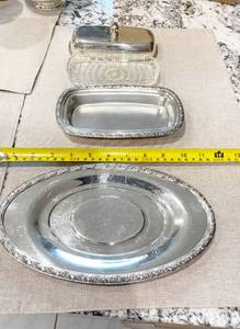 SERVING IN REFINE ELEGANCE SILVER PLATED BUTTER TRAY &amp GLASS INSERT WITH LID PLUS ORNATE UNDER TRAY - GREAT CONDITION MARKS ARE&nbspOneida Community Tudor Plate Queen Bess ON BOTH PIECES