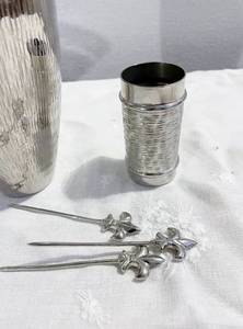 Vintage Textured Chrome Cocktail Shake With Matching Toothpick Holder &amp Metal Martini Olive Picks - Great Condition