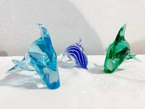 Lot OF 3 Art Glass Dolphins In Beautiful Colors Excellent Condition
