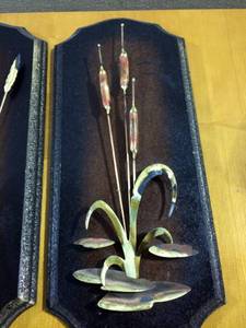 C JERE STYLE MCM Brutalist Cattails Swamp Torch Cut Metal Wood Wall Art Plaques Set of 2 Copper Brass - Great Condition