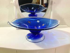 Gorgeous Cobalt Blue Stretched&nbspArt Glass Murano Millefiori Large Centerpiece Footed Bowl - Great Condition&nbsp Wow 15 Wide