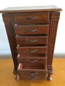 Large Vintage Queen Anne 6 Drawer Flip Top Mirrored Wood Tabletop Jewelry Box Armoire with 2 Side Doors - Good Condition