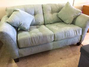 Custom Made Jackson Furniture Sky Blueish Grey Microsuede Loveseat With Cushions - Great Condition - Couple Pen Marks But We Are Told This Fabric Has Been Treated For Easy Stain Removal&nbsp