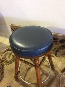 Vintage Pair George B Bent Company Blue Leather Top Wood &amp Chrome Foot Rest Ring Swivel Breakfast Bar Stools - Great Condition
