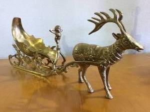 Fantastic Vintage Large Cast BRASS REINDEER AND SLEIGH With Figurehead At Beginning of The Sleigh...Made in India Heavy 18 long - Spectacular Condition