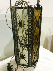 Vintage Hanging Spanish Style Gold &amp White Frosted Glass Iron Pendant Light - Wire &amp Chain Need Do Be Rethreaded Through The Light - No Cracks Or Chips To Glass&nbsp