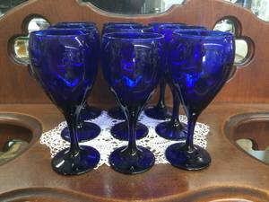 Lot Of 9 Mouth Blown Heavy Cobalt Blue Art Glass Goblets Slightly Varies In Sizes - Excellent Condition&nbsp Matches Lot 77 Pitcher