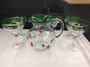 Mexican Mouth Blown Green Art Glass Chili Pepper Motif Margarita Set With Pitcher &amp 6 Margarita Glasses - Excellent Condition&nbsp&nbsp