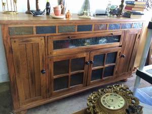 MSRP $1400&nbspSedona Counter Height TV Console With Natural Slates Inlays &amp Waterfall Look Glass Doors - Like New Condition