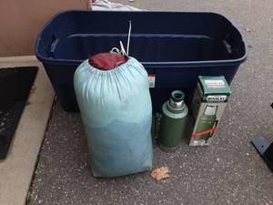 Sleeping Bags, 2-Stanley Thermoses, Large Tote Bin