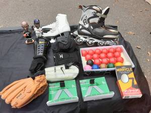 Lot Of Assorted Sporting Goods Mens Roller Blades Size 12, Womens Ice Skates Size 7, More