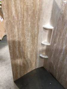 lot 19 image: American Std Ovation 32 in. x 60 in. x 59 in. 5-Piece Glue-Up Alcove Bath Wall Set in Sand Travertine not used see pictures