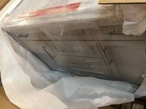 lot 30 image: Home Decorators Aberdeen 48 in. W x 22 in. D Vanity in Dove Grey with Carrara Marble Top with White Sink see pictures