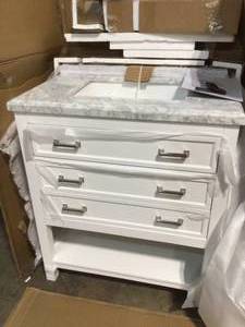 Home Decorators Everett 31 in. W x 22 in. D Vanity Cabinet in White with Carrara Marble Vanity Top in White with White Basin