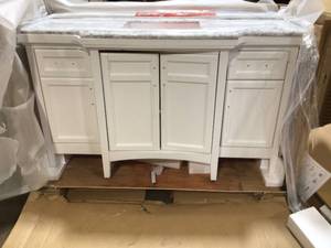 Sassy 60 in. Vanity in White with Marble Vanity Top in Carrara White damaged see pictures