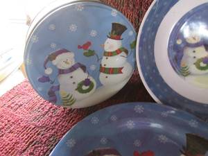 lot 500 image: Holiday ServingDecor Lot (2) Metal Snowman Containers, Serving Platters, Bowls, Corelle Dishes, Lighted Box, & Santa Lighted Home Decor See Photos