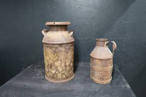 lot 47 image: 2 VINTAGE METAL MILK JUGS