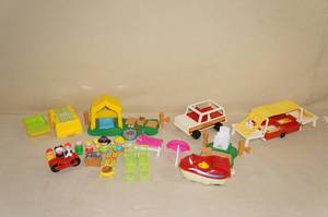 lot 47 image: Vintage Fisher Price Little People Camping Toys - Camper, Campsite, Truck, Boat