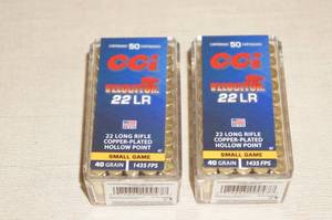 lot 102 image: 100 CCI Velocitor .22 LR 40 Gr HP Ammo