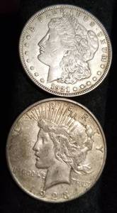 2 US SILVER DOLLARS 1921 MORGAN 1923 PEACE