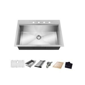 All-in-One Drop-In Stainless Steel 27 in. 4-Hole Single Bowl Kitchen Workstation Sink with Accessories Kit by Glacier Bay-open box not used - SEE PICTURES