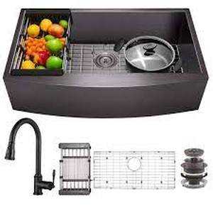 All-in-One Matte Black Finished Stainless Steel 33 in. x 20 in. Farmhouse Apron Mount Kitchen Sink with Pull-down Faucet by AKDY- open box not used - SEE PICTURES