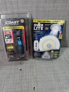 Ultra-Overhead Motion Activated LED Night Light & COAST Polysteel 400R Flood & Spot Rechargeable LED Flashlight