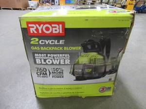 lot 19 image: Ryobi 175 MPH 760 CFM 38cc Gas Backpack Leaf Blower, RY38BP - Does Not Run - For Parts or Restore.