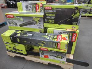 lot 26 image: WHOLESALE MIXED PALLET OF MICELLANOUS RYOBI OUTDOOR POWER TOOLS & VACUUMS