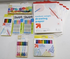 lot 943 image: DrawingColoring Bundle - 5 Notebooks, 26 Markers, 12 Pencils, Watercolor Paint