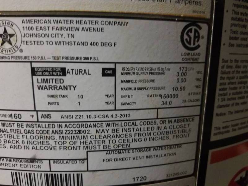 American Water Heaters Polaris Hot Water Heater Natural Gas 34 Gallon PG10  34-150-2NV with Grundfos Nonsubmersible Circulation Pump | Maplewood HVAC  Equipment u0026 Inventory Surplus Sale | K-BID