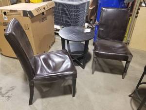 lot 47 image: Wood End Table 1-shelf 29D  with Wood Chairs Padded Brown (x2)