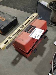 lot 80 image: Plastic Tool Box  with Hand Tools - Levels (x2), Wire, Tubing, Round Metal Brackets, Flow-Master Airflow Measure, Magnehelic Water Pressure Meter, Misc. Hand Tools