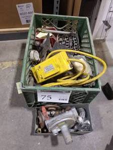 lot 75 image: Threaded Pipe Pieces and Connectors, Mounting Plates, Valve Shutoff, 2 Gang Power Cord, Misc. Hardware (in plastic crate)