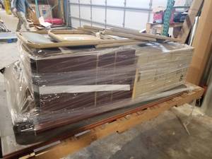 lot 93 image: Wood Cubicle Desk & File Cabinet, Metal File Cabinet 2-drawer, Samsonite Metal Folding Chairs (x2) (on pallet)
