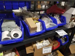 lot 174 image: Fittings, Gauges, Heat Sensors (in plastic bins, on shelf)