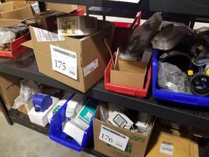 lot 175 image: Wireless Digital Thermostats, Mission Couplings, Floodback Switch, Wiring Adapter, Limit Switch (in bins and boxes, on shelf)