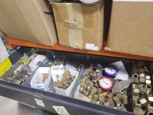 lot 206 image: Hardware - Brass Pipe Fittings, Gauges, Refrigerator Flare Nuts, Misc. HVAC Parts (in 1 drawer)