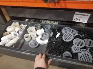 lot 194 image: Hardware - PVC Pipe Fittings, Drain Caps, Metal Pipe Fittings, Brackets, Misc. HVAC Parts (in 4 drawers)