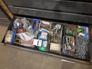 lot 195 image: Hardware - Cap Nails, Screws, Clips, Face Plates, Chain, Ridgid Conduit Clamp, Brackets, Coupling L 14-20x1 34, Misc. HVAC Parts (in 3 drawers)