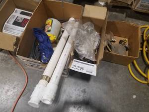 lot 228 image: Hardware - Sprayer, Grease Gun, 1-14 SCH 40 DWV PVC Pipe, Drill Bits, Misc. Hardware (in 3 boxes)